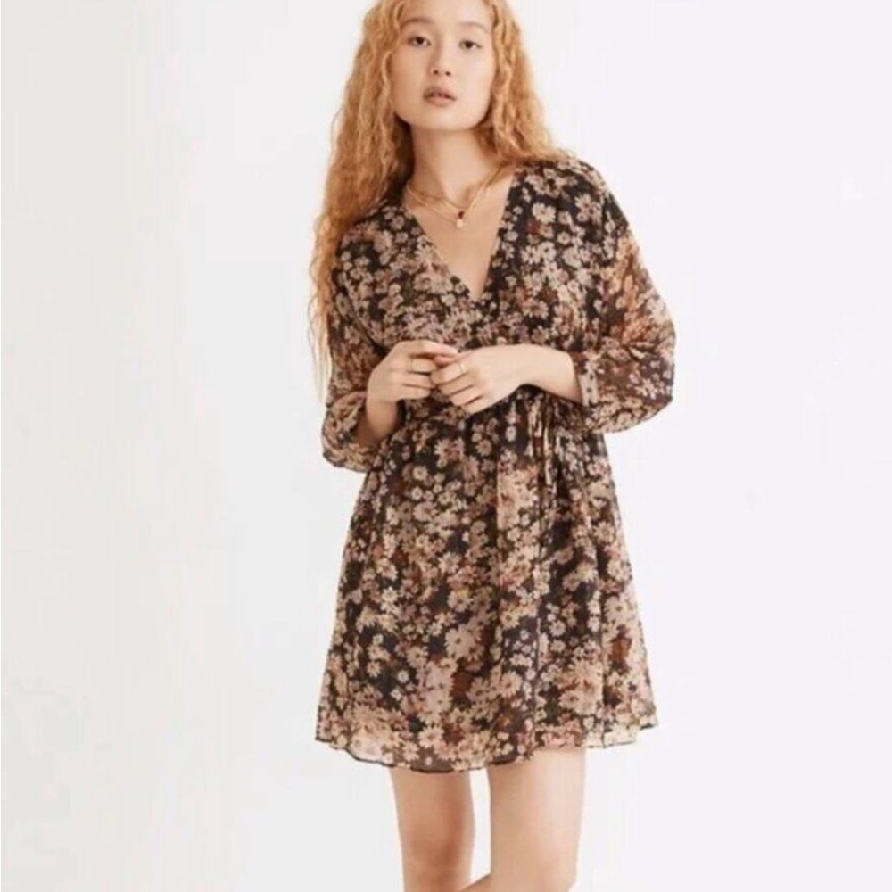 Madewell Drawstring Faux-Wrap Mini Dress in Daisy Reverie